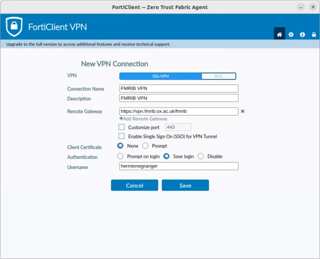 Image showing configured linux FortClient settings