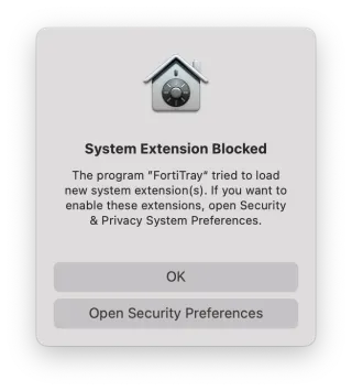 Image showing FortiTray system extension blocked
