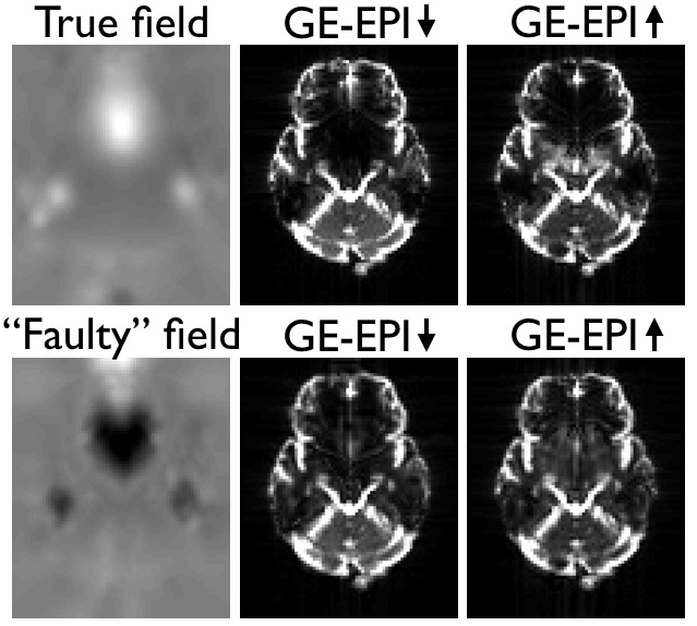 GE-EPI image pair corrected with true or \