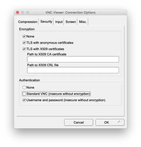 Security Tab - untick authentication types None and Standard VNC